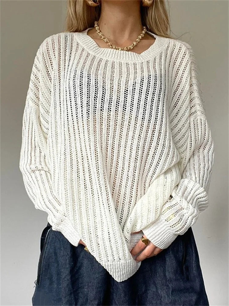 JuliaFashion - Hollow Out Knitted Long Sleeve Round Neck Solid Color Pullovers Fall Winter Loose Casual Sweater