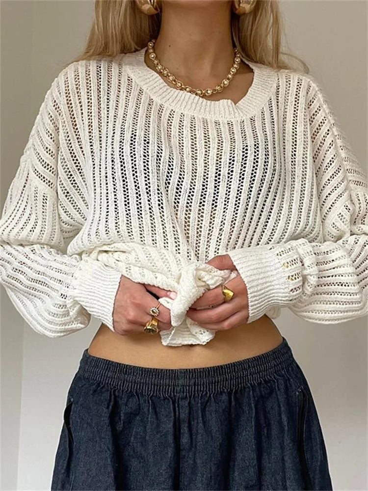 JuliaFashion - Hollow Out Knitted Long Sleeve Round Neck Solid Color Pullovers Fall Winter Loose Casual Sweater