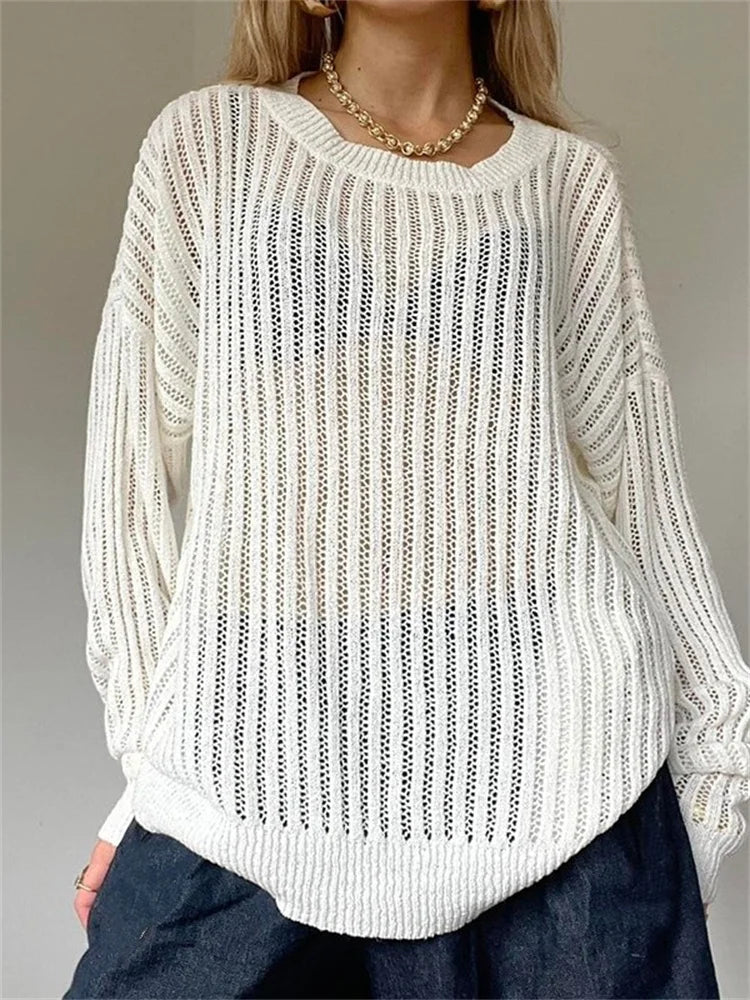 JuliaFashion - Hollow Out Knitted Long Sleeve Round Neck Solid Color Pullovers Fall Winter Loose Casual Sweater