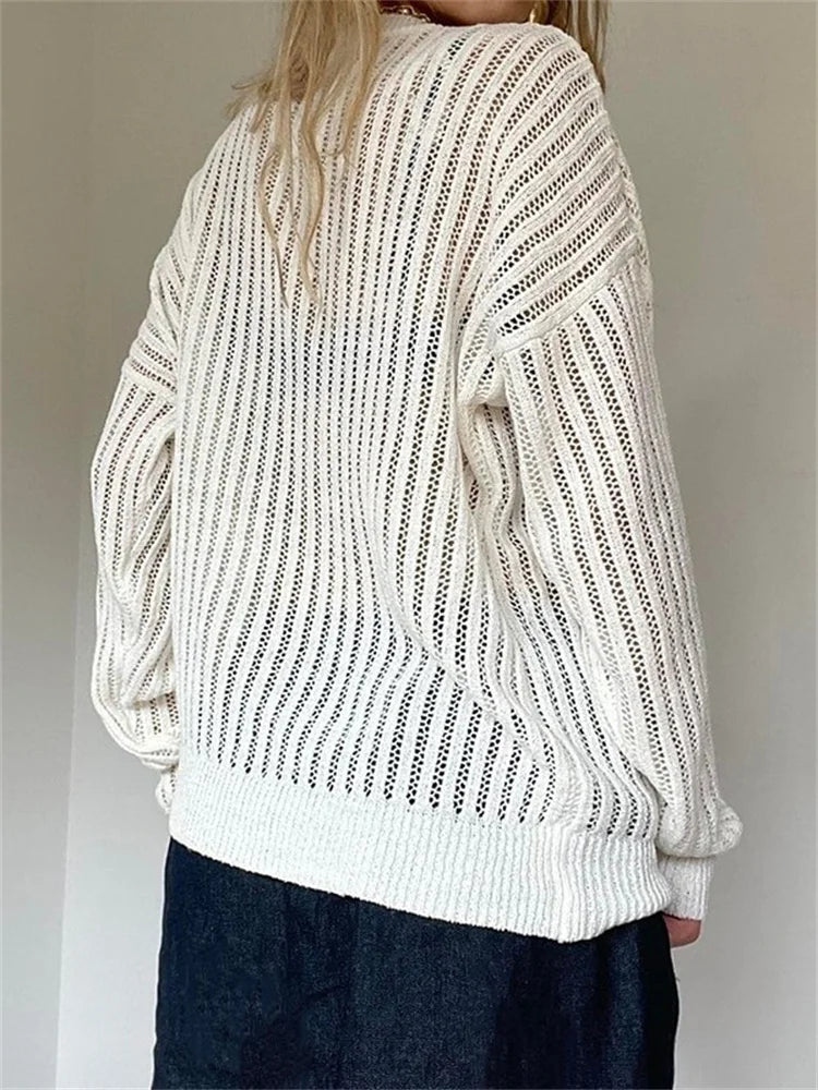 JuliaFashion - Hollow Out Knitted Long Sleeve Round Neck Solid Color Pullovers Fall Winter Loose Casual Sweater