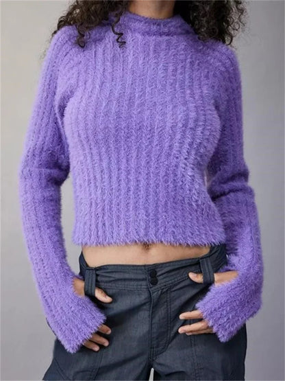 JuliaFashion - Hooded Fuzzy Long Sleeve Solid Color Slim Fit Ribbed Knitted Fall Winter Warm Pullovers Sweater