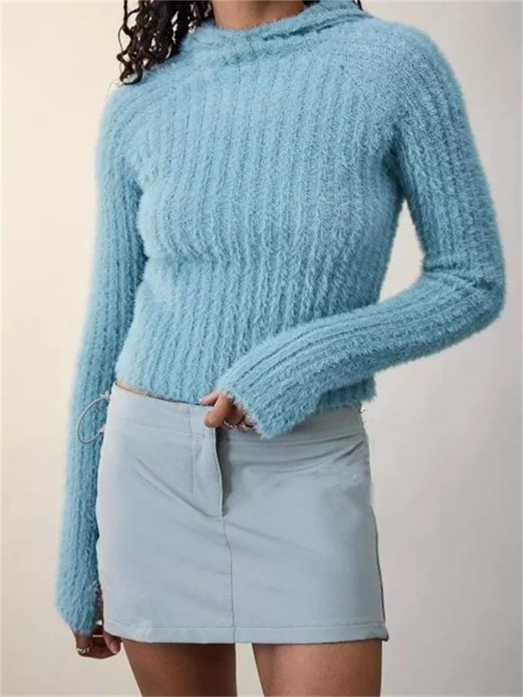 JuliaFashion - Hooded Fuzzy Long Sleeve Solid Color Slim Fit Ribbed Knitted Fall Winter Warm Pullovers Sweater