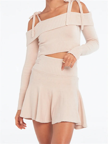 JuliaFashion - Knitted Off-shoulder Sweaters Crop Tops Suits