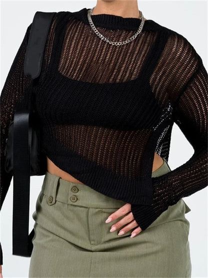 JuliaFashion - Asymmetrical Hem Cutout Casual Basic Knitted Long Sleeve Solid Split Pullovers Sweater