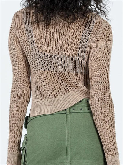 JuliaFashion - Asymmetrical Hem Cutout Casual Basic Knitted Long Sleeve Solid Split Pullovers Sweater