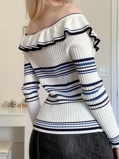 JuliaFashion - Knitted Off Shoulder Slash Neck Ruffles Striped Print Pullovers Long Sleeve Knitwear Clubwear Sweater