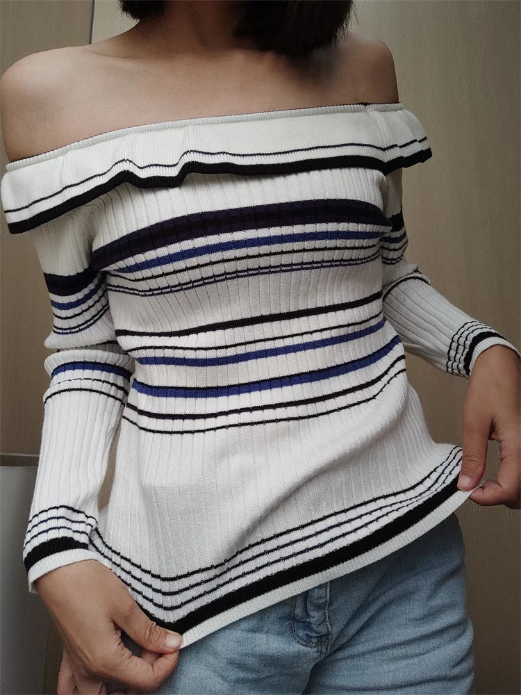 JuliaFashion - Knitted Off Shoulder Slash Neck Ruffles Striped Print Pullovers Long Sleeve Knitwear Clubwear Sweater