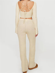 JuliaFashion - Knitted Ribbed Flare Sleeve Square Neck Tie-up Sweaters  Pants Suits