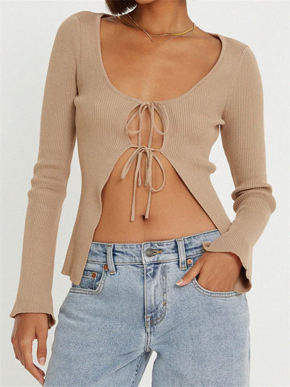 JuliaFashion - Knitted Ribbed Cardigan Long Sleeve Front Split Tie-up Slim Fit Solid Aesthetic Sweater