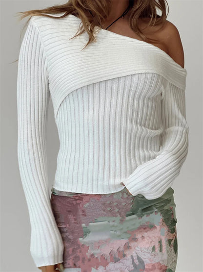 JuliaFashion - Solid Off Shoulder Knitted Ribbed Long Sleeve Pullovers Spring Autumn Slim Fit Sweater