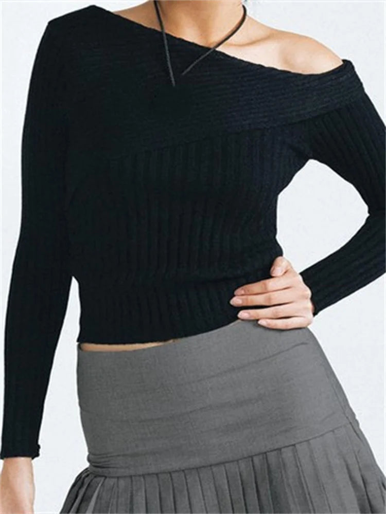 JuliaFashion - Solid Off Shoulder Knitted Ribbed Long Sleeve Pullovers Spring Autumn Slim Fit Sweater