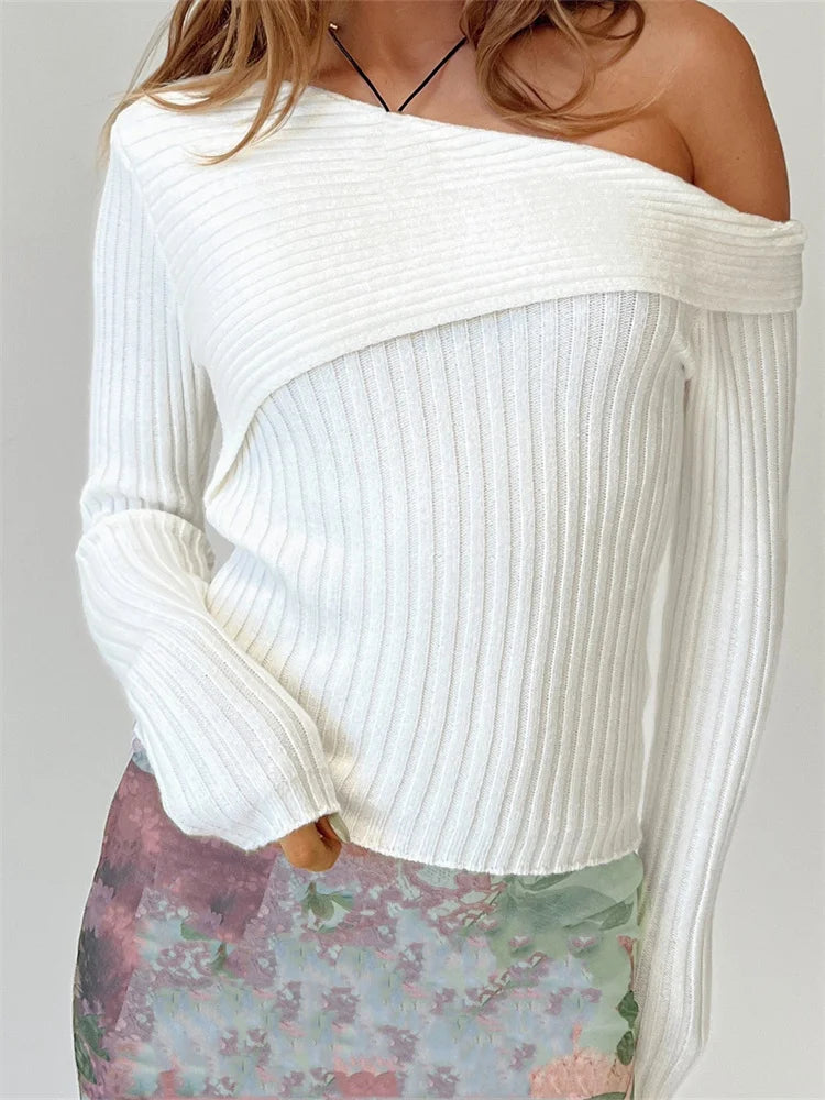 JuliaFashion - Solid Off Shoulder Knitted Ribbed Long Sleeve Pullovers Spring Autumn Slim Fit Sweater