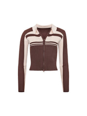 JuliaFashion - Contrast Color Knitted Front Zip Up Sweaters Tops Suits