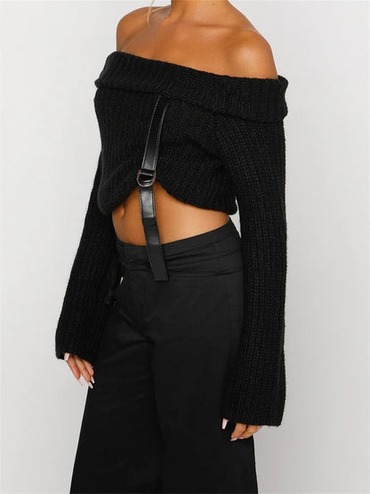 JuliaFashion - Knitted Long Sleeve Slash Neck Off Shoulder Pullovers Spring Fall Cropped Sweater