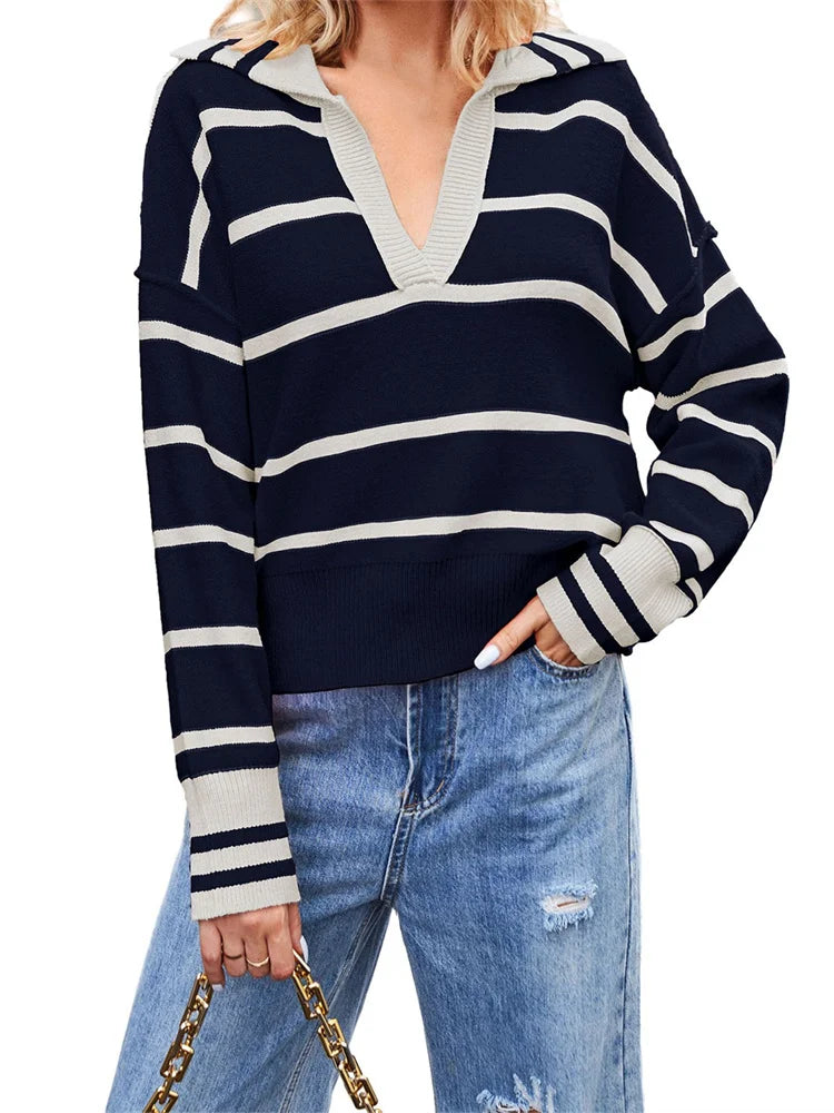 JuliaFashion - Knitted Long Sleeve Turn-down Collar Loose Casual Fall Striped Pullovers Sweater