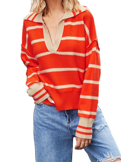 JuliaFashion - Knitted Long Sleeve Turn-down Collar Loose Casual Fall Striped Pullovers Sweater