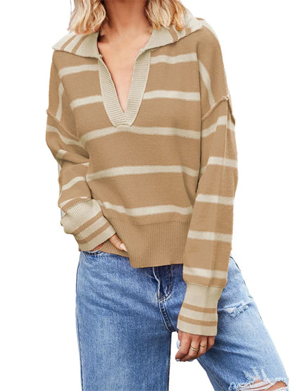 JuliaFashion - Knitted Long Sleeve Turn-down Collar Loose Casual Fall Striped Pullovers Sweater