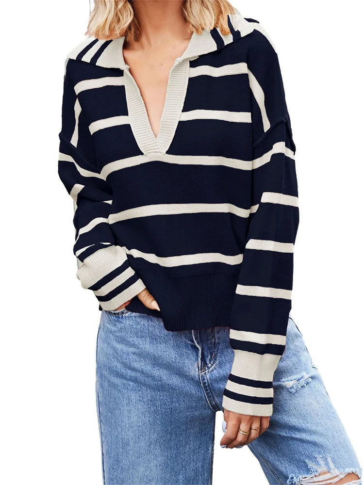 JuliaFashion - Knitted Long Sleeve Turn-down Collar Loose Casual Fall Striped Pullovers Sweater