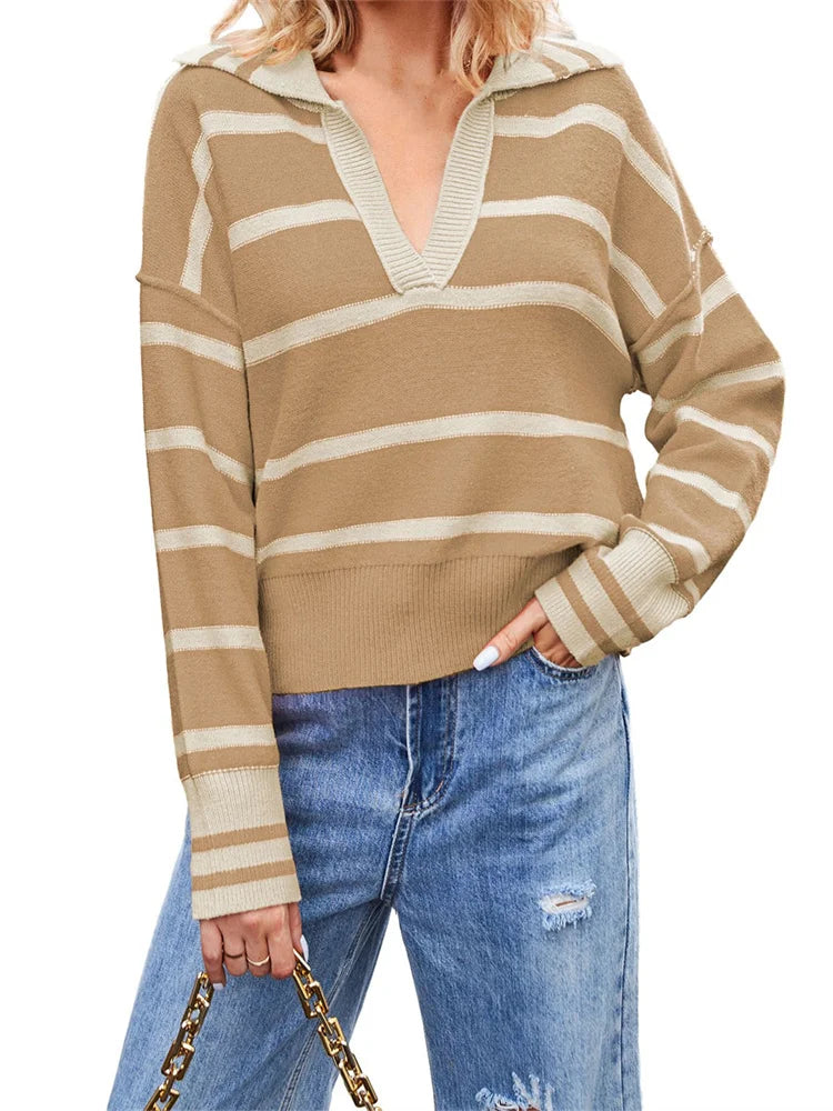 JuliaFashion - Knitted Long Sleeve Turn-down Collar Loose Casual Fall Striped Pullovers Sweater