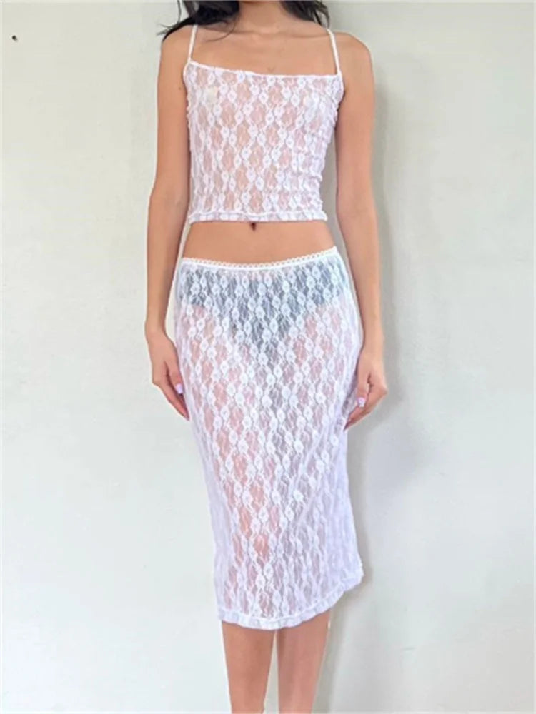 JuliaFashion - ace Mesh See Through Tank Tops High Waist Short Skirts Suits