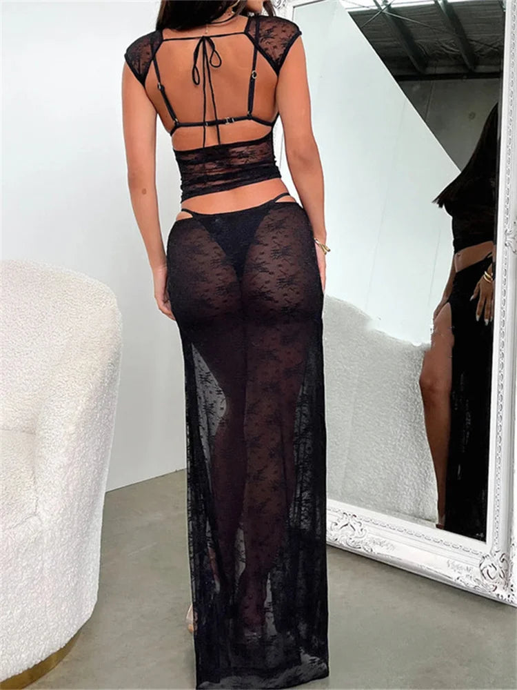 JuliaFashion - Lace Mesh See Through Lace-up Y2K Backless Skirt Suits