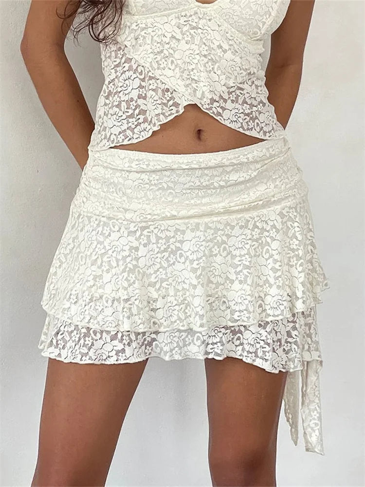 JuliaFashion - Lace Mini Flower Embroidery Frill Layered Low Waist Irregular Hem Short Summer Party Clubwear Skirts