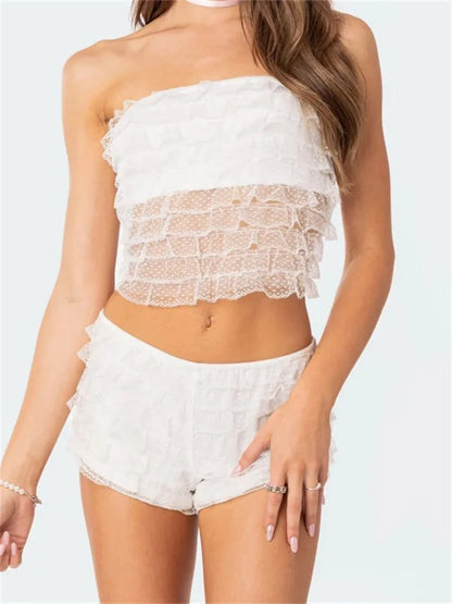 JuliaFashion - Layered Ruffles Lace See Through  Summer Suits