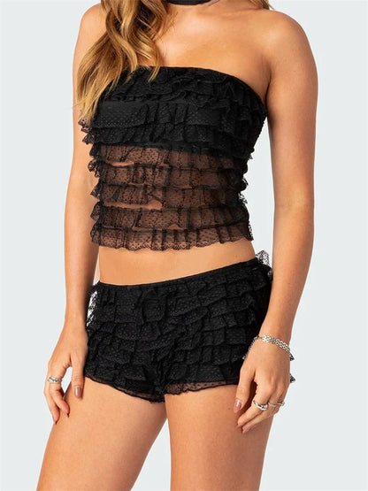 JuliaFashion - Layered Ruffles Lace See Through  Summer Suits