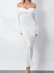 Women Ruched Slash Neck Off-Shoulder Sleeve Solid Slim Fit Bodycon Cocktail Party Vestidos White / S