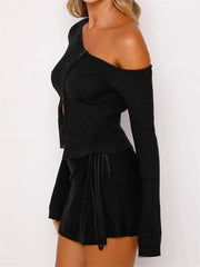 Long Sleeve Off Shoulder Front Zip Up Ribbed Knitted Cardigan T-Shirts