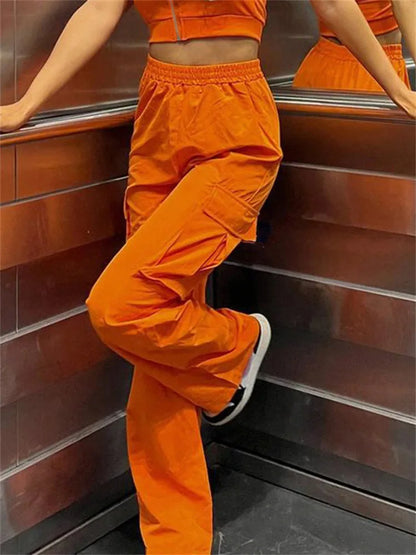 JuliaFashion - Elastic Waist Solid Color Loose Casual Straight Leg Cargo Pants