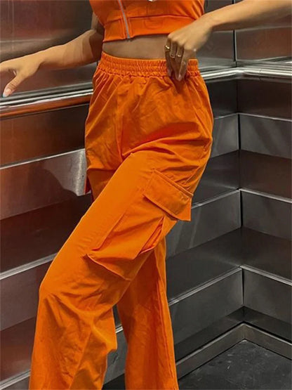 JuliaFashion - Elastic Waist Solid Color Loose Casual Straight Leg Cargo Pants