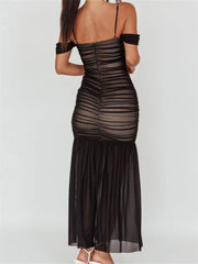 Women Mesh Sheer See Through Low Cut Off Shoulder Strap Backless Ruched Summer Party Vestidos