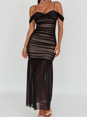 Women Mesh Sheer See Through Low Cut Off Shoulder Strap Backless Ruched Summer Party Vestidos