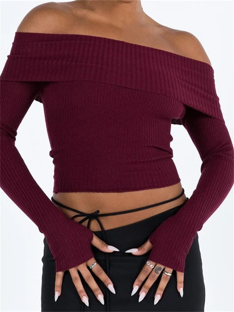 JuliaFashion - Off Shoulder Pullovers Solid Color Ribbed Slash Neck Long Sleeve Exposed Navel Knitwear Sweater