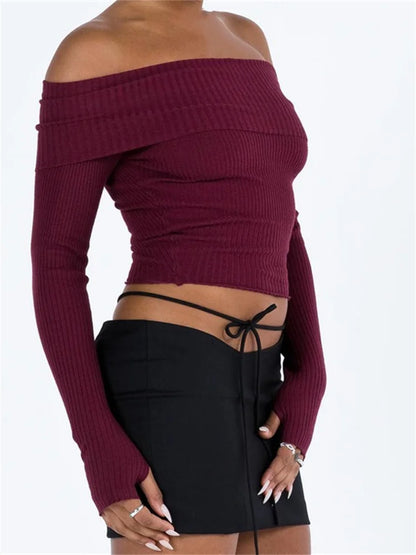 JuliaFashion - Off Shoulder Pullovers Solid Color Ribbed Slash Neck Long Sleeve Exposed Navel Knitwear Sweater