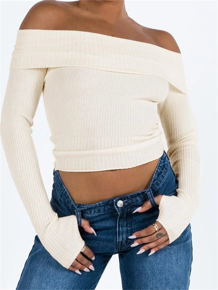 JuliaFashion - Off Shoulder Pullovers Solid Color Ribbed Slash Neck Long Sleeve Exposed Navel Knitwear Sweater