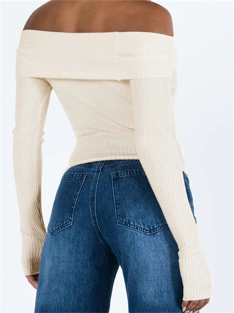 JuliaFashion - Off Shoulder Pullovers Solid Color Ribbed Slash Neck Long Sleeve Exposed Navel Knitwear Sweater