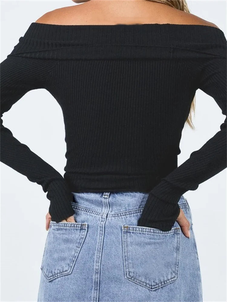 JuliaFashion - Off Shoulder Pullovers Solid Color Ribbed Slash Neck Long Sleeve Exposed Navel Knitwear Sweater