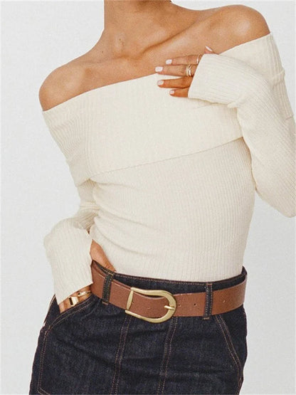 JuliaFashion - Off Shoulder Pullovers Solid Color Ribbed Slash Neck Long Sleeve Exposed Navel Knitwear Sweater