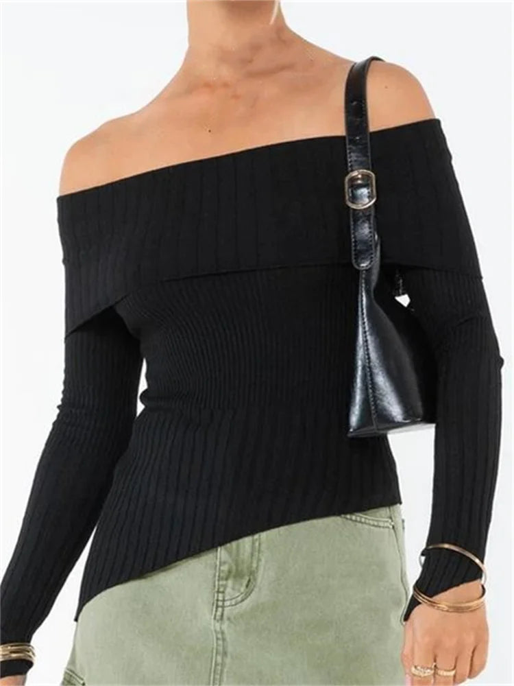 JuliaFashion - Off-shoulder Pullovers Casual Solid Asymmetrical Hem Knitted Long Sleeve Club Sweater