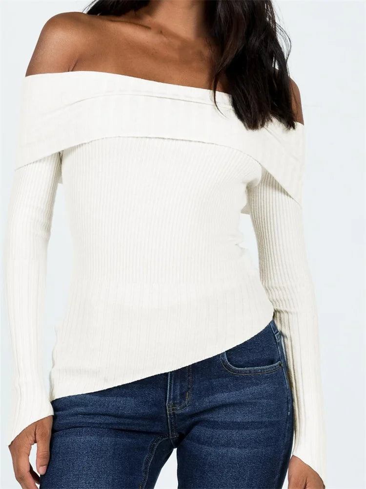 JuliaFashion - Off-shoulder Pullovers Casual Solid Asymmetrical Hem Knitted Long Sleeve Club Sweater