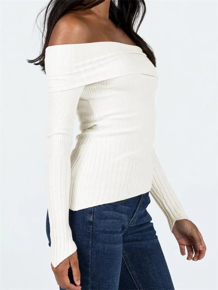 JuliaFashion - Off-shoulder Pullovers Casual Solid Asymmetrical Hem Knitted Long Sleeve Club Sweater