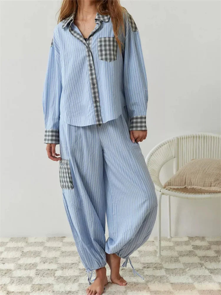 JuliaFashion - Plaid Patchwork Button Closure Elastic Waist Sleepwear Suits