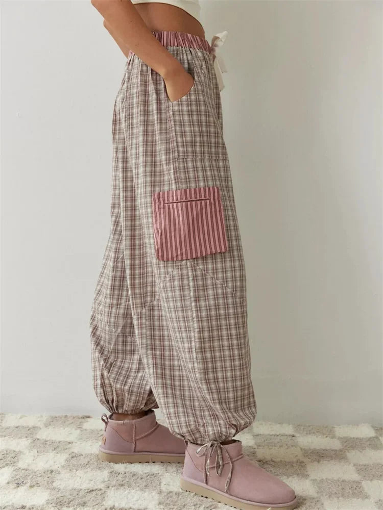 JuliaFashion - Plaid Patchwork Button Closure Elastic Waist Sleepwear Suits