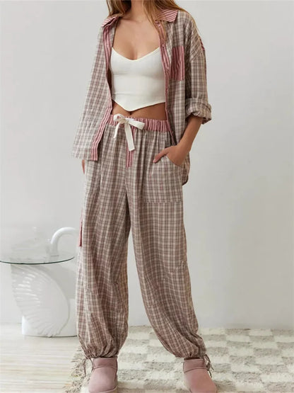 JuliaFashion - Plaid Patchwork Button Closure Elastic Waist Sleepwear Suits