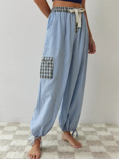 JuliaFashion - Plaid Patchwork Button Closure Elastic Waist Sleepwear Suits