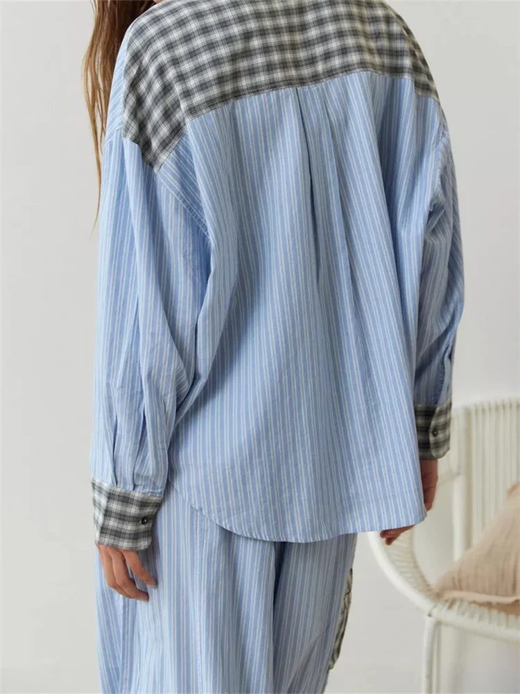 JuliaFashion - Plaid Patchwork Button Closure Elastic Waist Sleepwear Suits