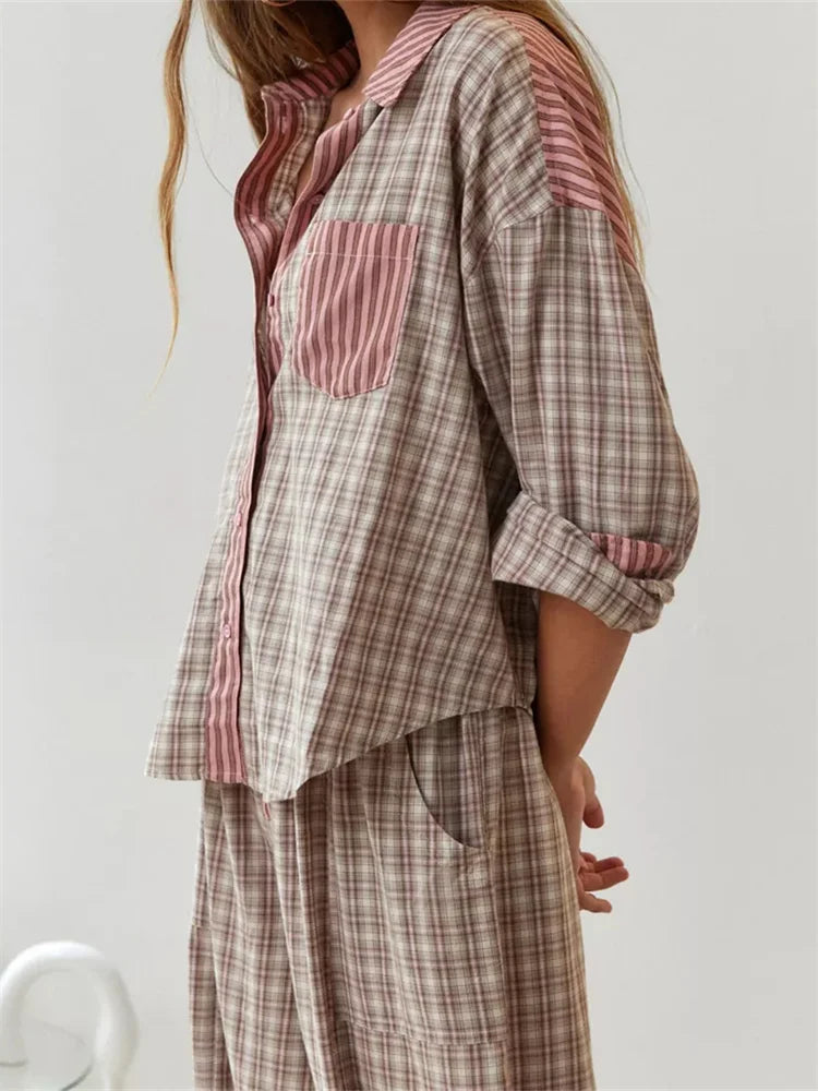 JuliaFashion - Plaid Patchwork Button Closure Elastic Waist Sleepwear Suits