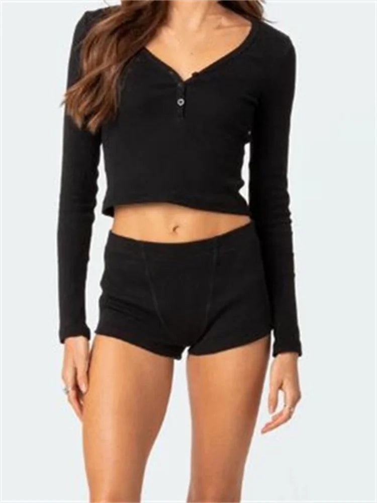 JuliaFashion - Solid Ribbed V-Neck Shorts Sleepwear Suits